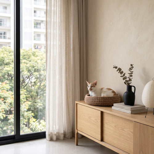 A white and orange cat rests in a Kuching Basket - woven basket on a light wood sideboard in a modern room with beige walls, sheer curtains, and a large window overlooking green trees.