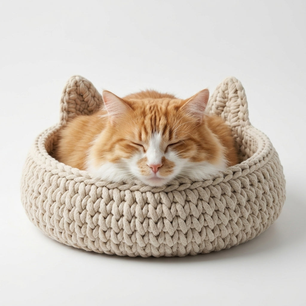 An orange and white cat sleeping comfortably inside a beige chunky knit cat bed with ear-like protrusions, set against a clean white background.