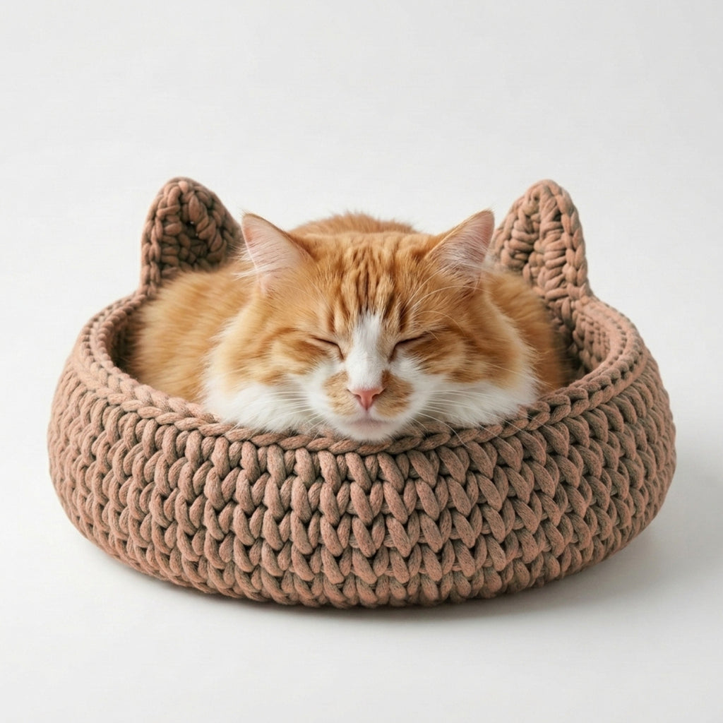 An orange and white cat sleeping comfortably inside a round, chunky knit cat bed with pointed ears, set against a clean white background.