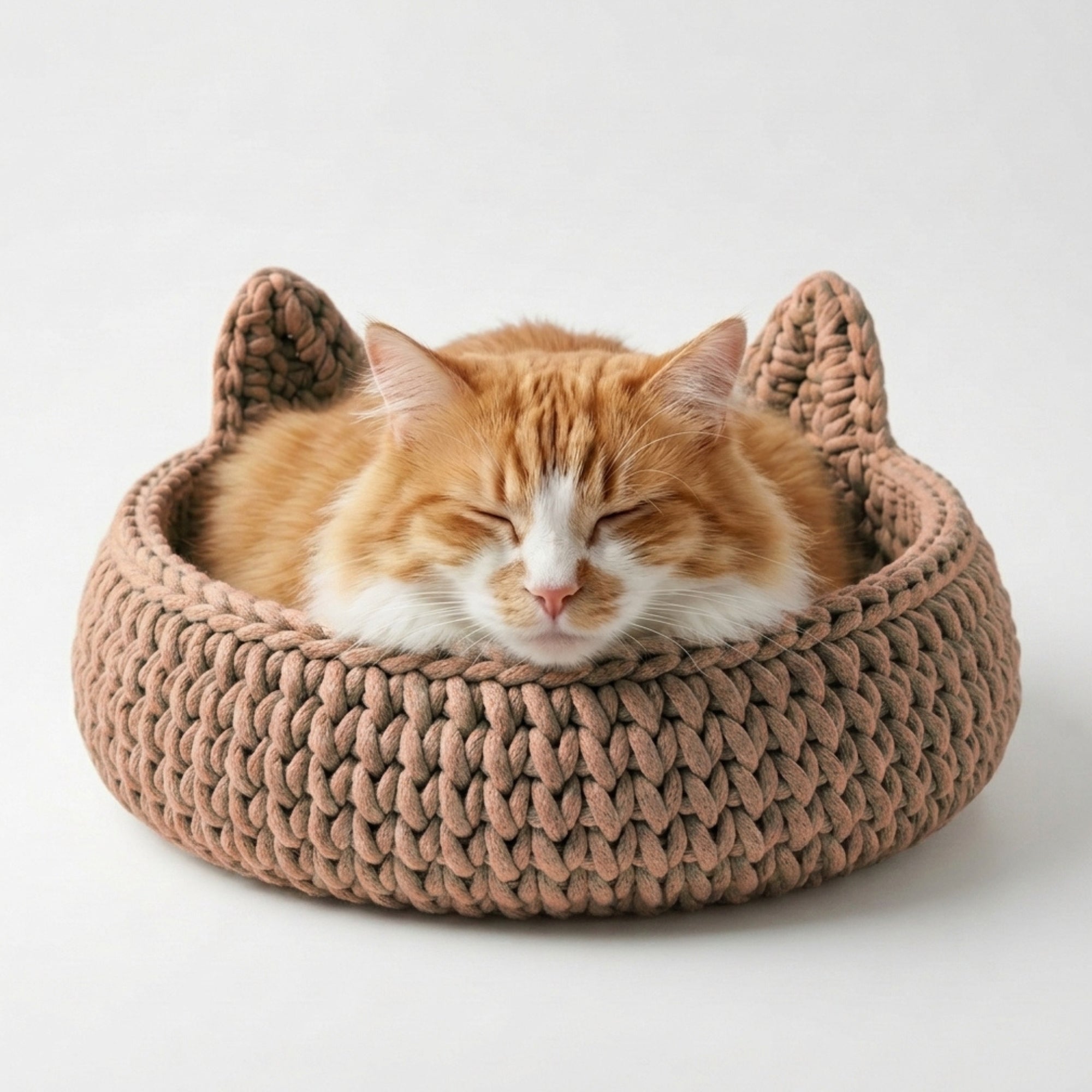 An orange and white cat sleeping comfortably inside a round, chunky knit cat bed with pointed ears, set against a clean white background.