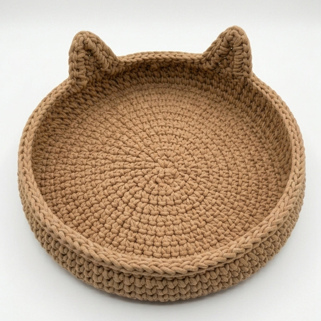 A round, hand-crocheted basket with cat ears on the rim, shown on a clean white background.