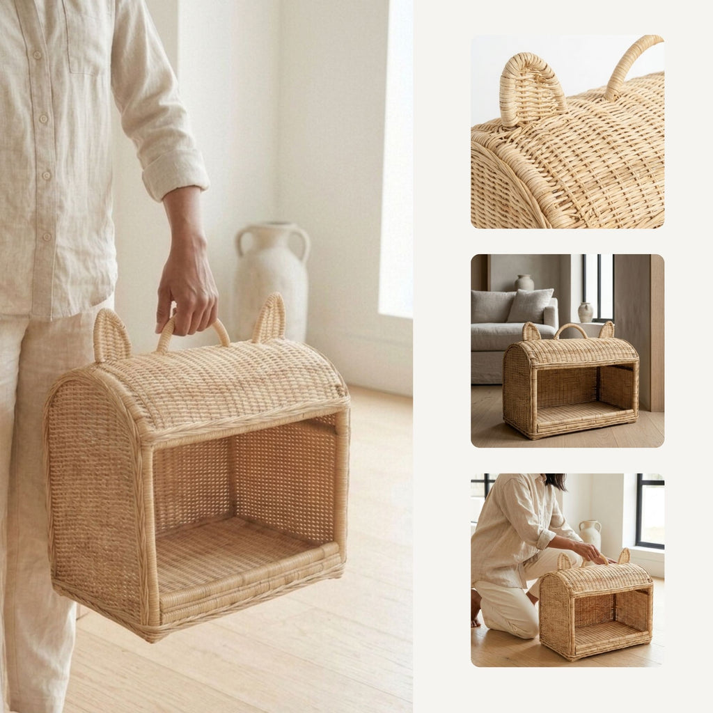 A woven rattan pet carrier basket with cat ears on top, shown in a lifestyle setting with a person holding it, plus three smaller detail and usage views on the right.