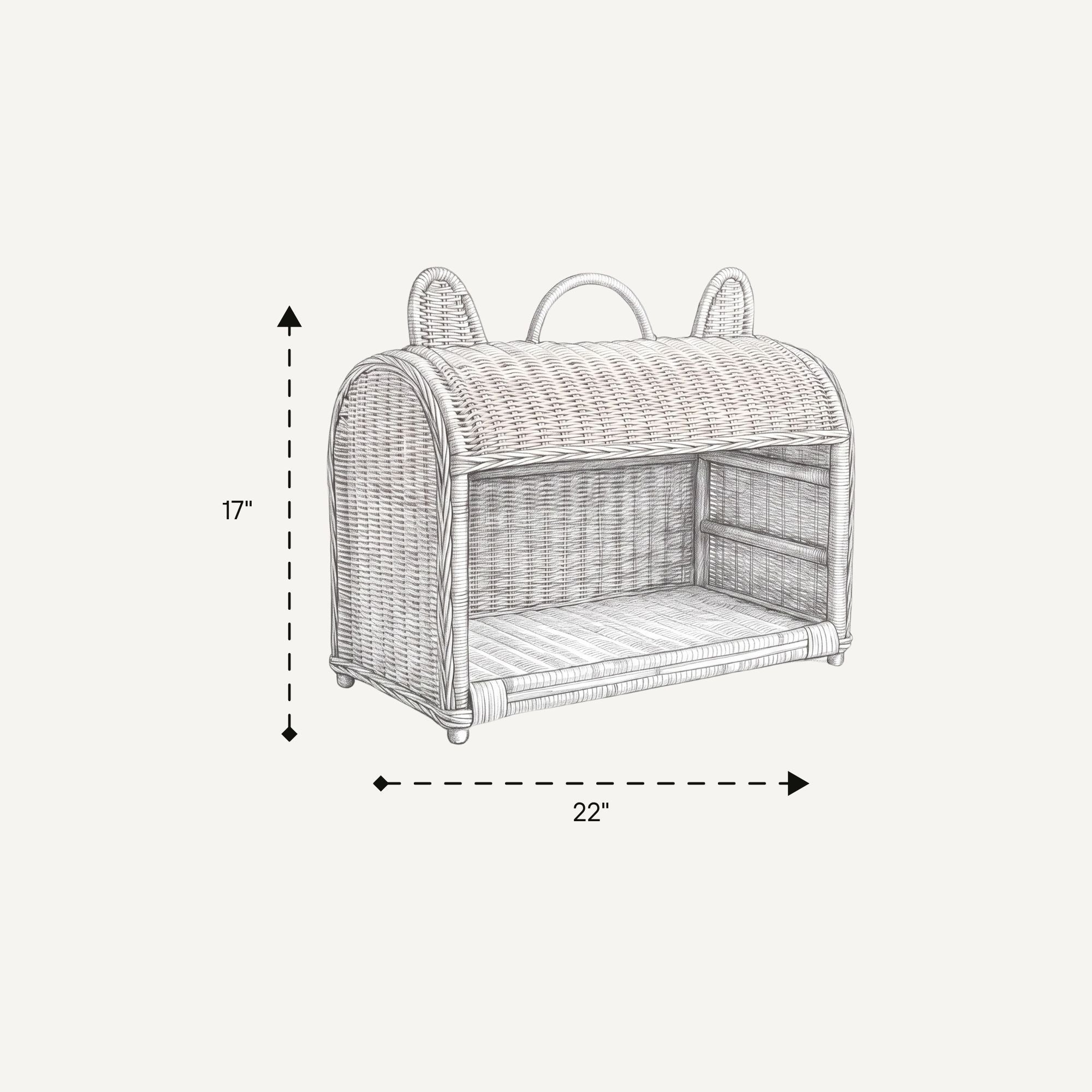 A line-drawn dimension diagram of a wicker pet crate or elevated pet bed with ear-like handles on top, showing height marked as 17 inches and width marked as 22 inches on a light gray background.