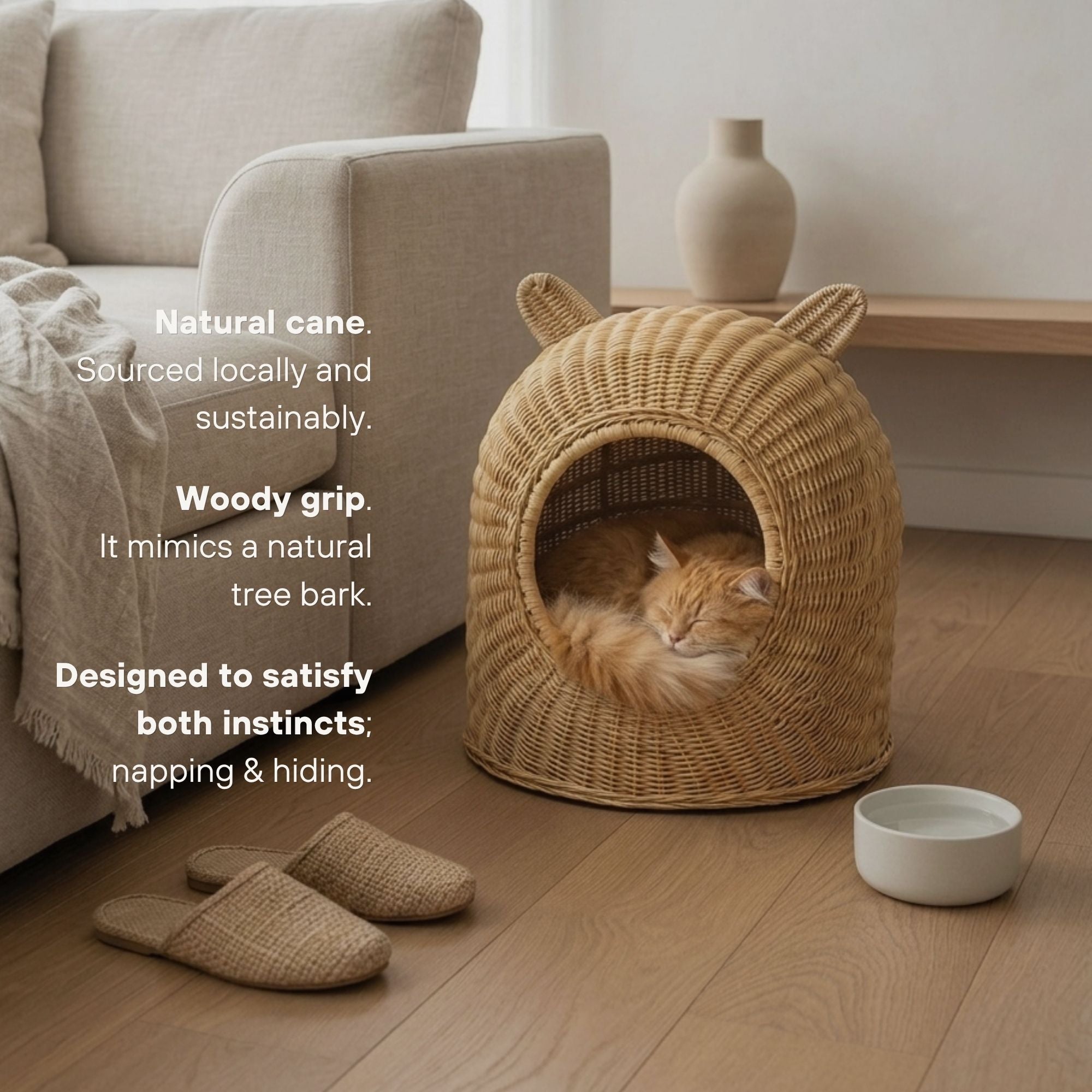 A cat sits inside a round woven wicker cat bed with ear-like peaks on top, placed on a wood floor beside a sofa, slippers, and a bowl. White text on the left describes the product features.