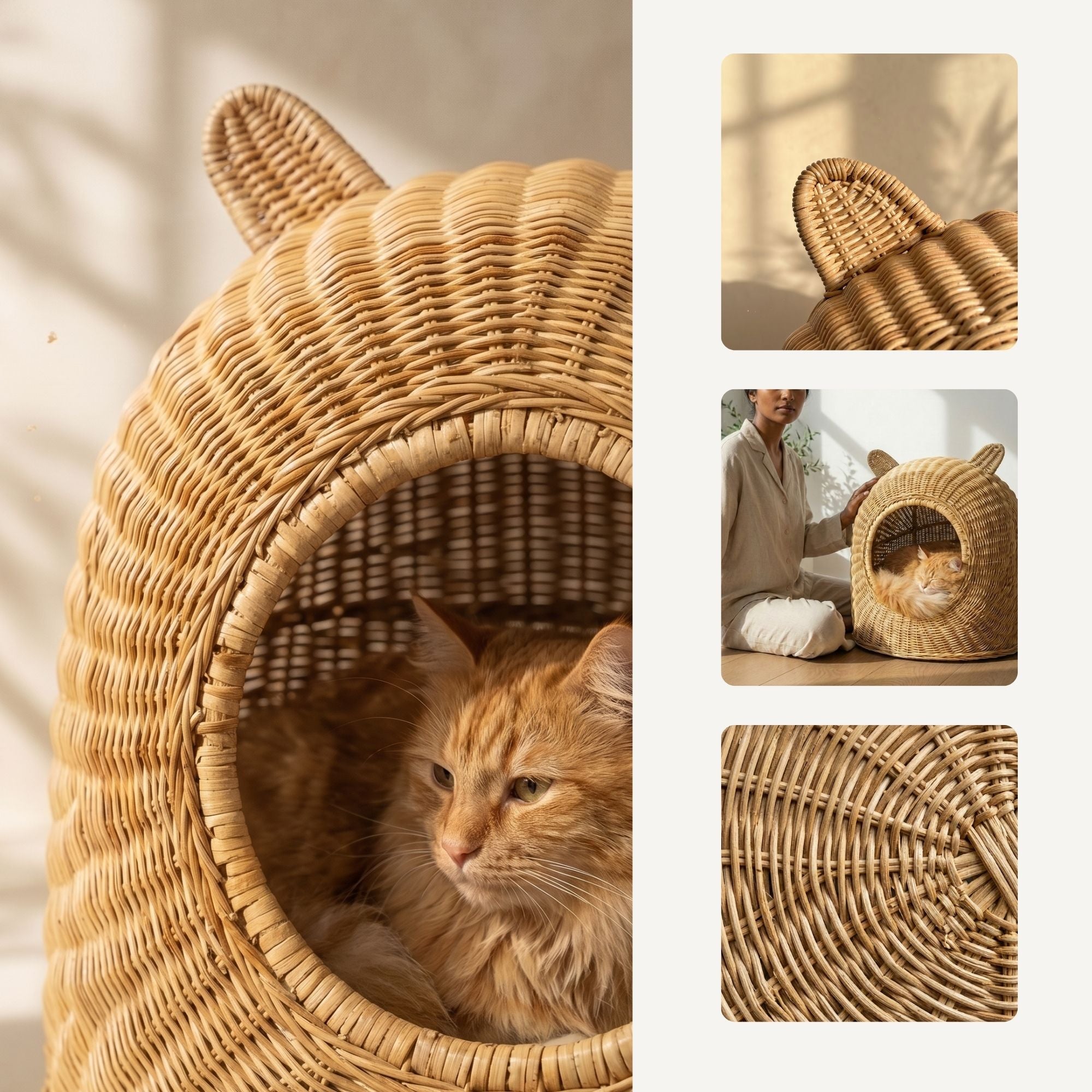 A woven natural-rattan cat bed with cat-ear details, shown with an orange tabby cat inside. The main panel is a large close-up, while the right side shows three smaller inset photos of the bed from different angles and a person sitting beside it.