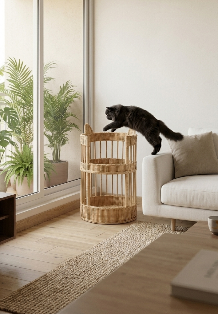 A black cat jumps onto a light wood bird feeder in a modern, sunlit living room with a white sofa, potted plants, and a large window.