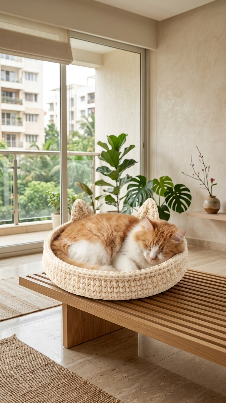 A fluffy orange and white cat sleeps soundly inside a round woven beige pet bed with cat-ear flaps, placed on a wooden bench in a bright, modern room with plants and a window view.
