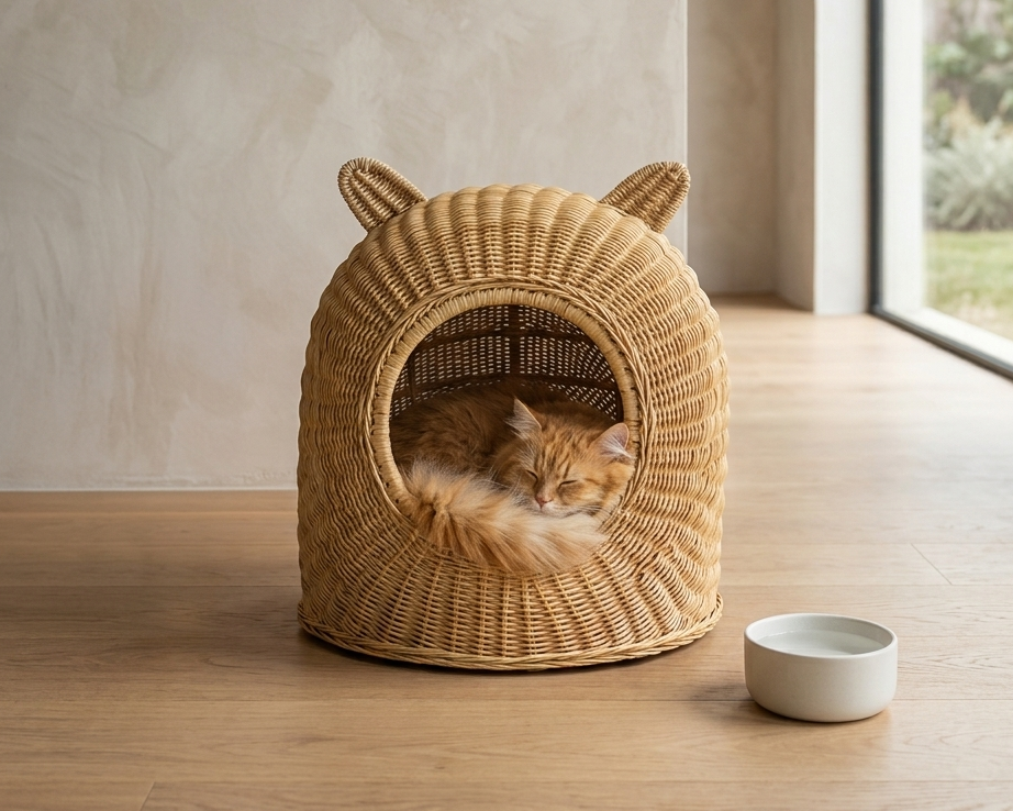 A sleeping orange tabby cat rests inside a round woven rattan cat bed with ear-like details on top, placed on a light wood floor next to a small white bowl in a softly lit room.