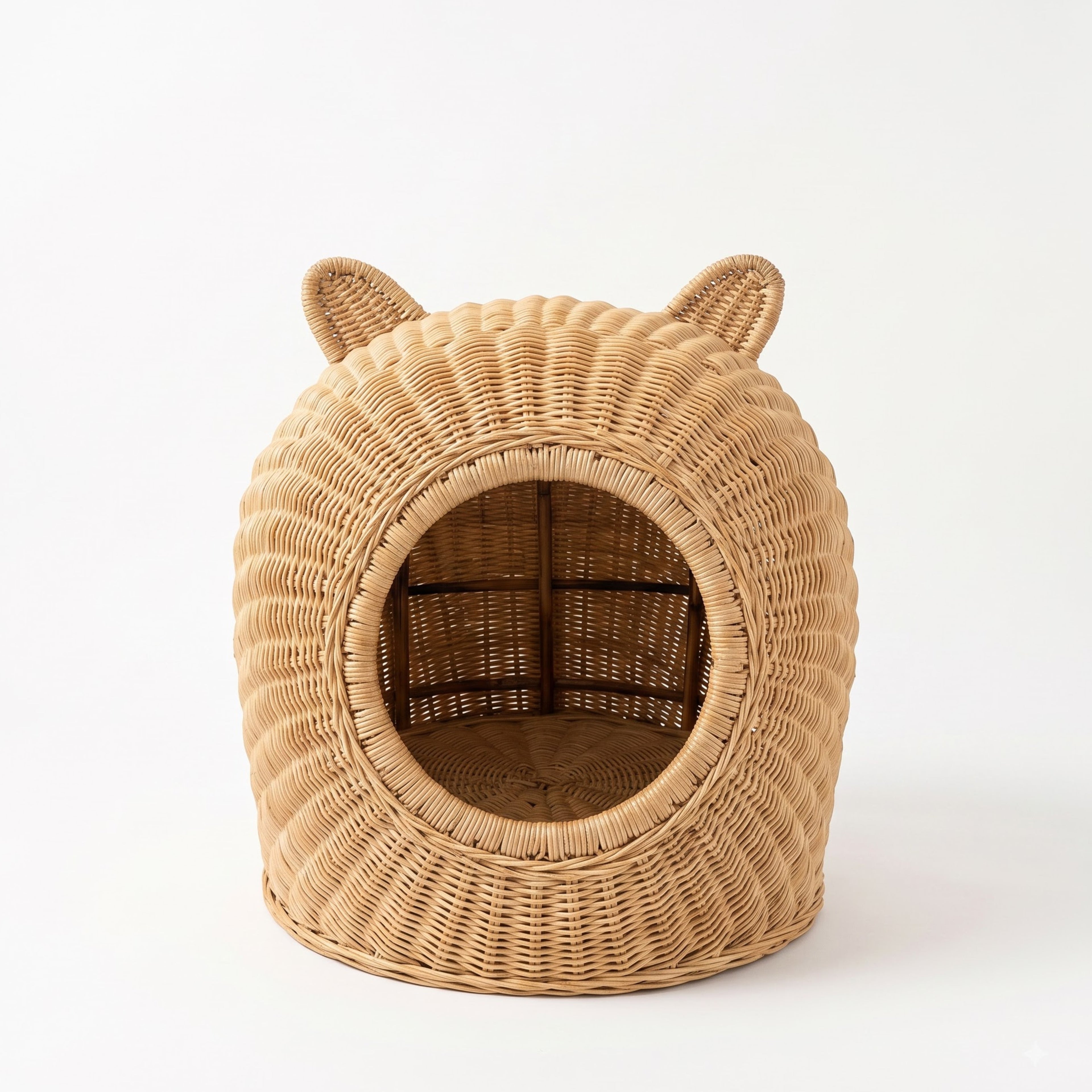 A natural woven rattan pet bed shaped like a bear, featuring a circular opening and two small ears on top, set against a plain white background.