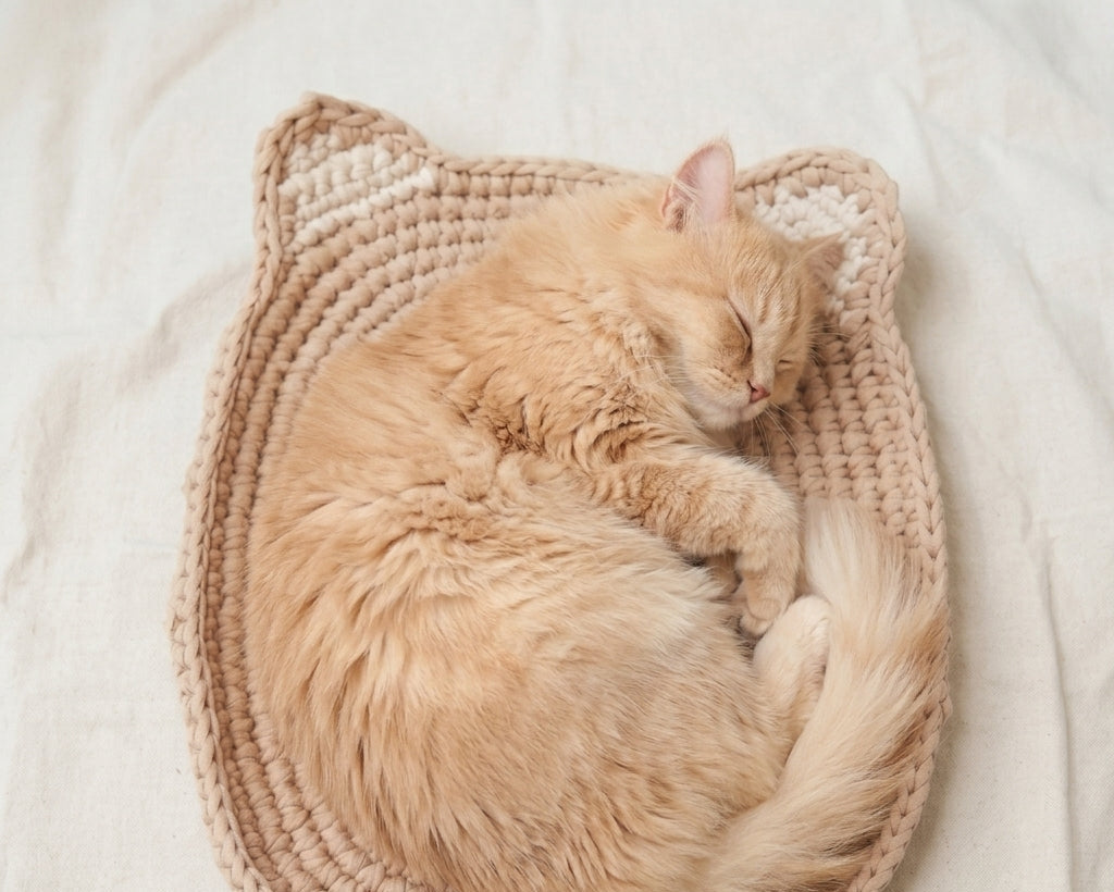 An orange tabby cat sleeping curled up inside a beige crocheted cat-shaped pet bed on a light cream fabric background.