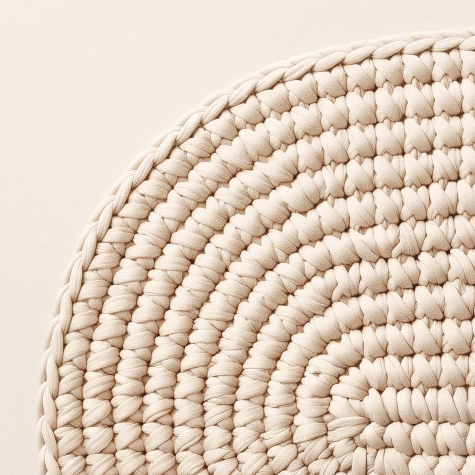 An oval braided rope rug in a natural cream color, photographed from directly above on a light beige background.