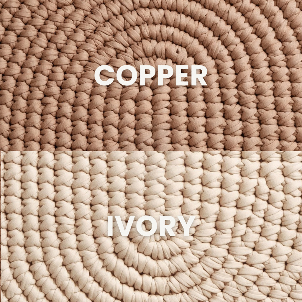 Two circular woven rugs shown in a split comparison, labeled 'COPPER' in tan/copper and 'IVORY' in cream/off-white, with the words overlaid in white text.