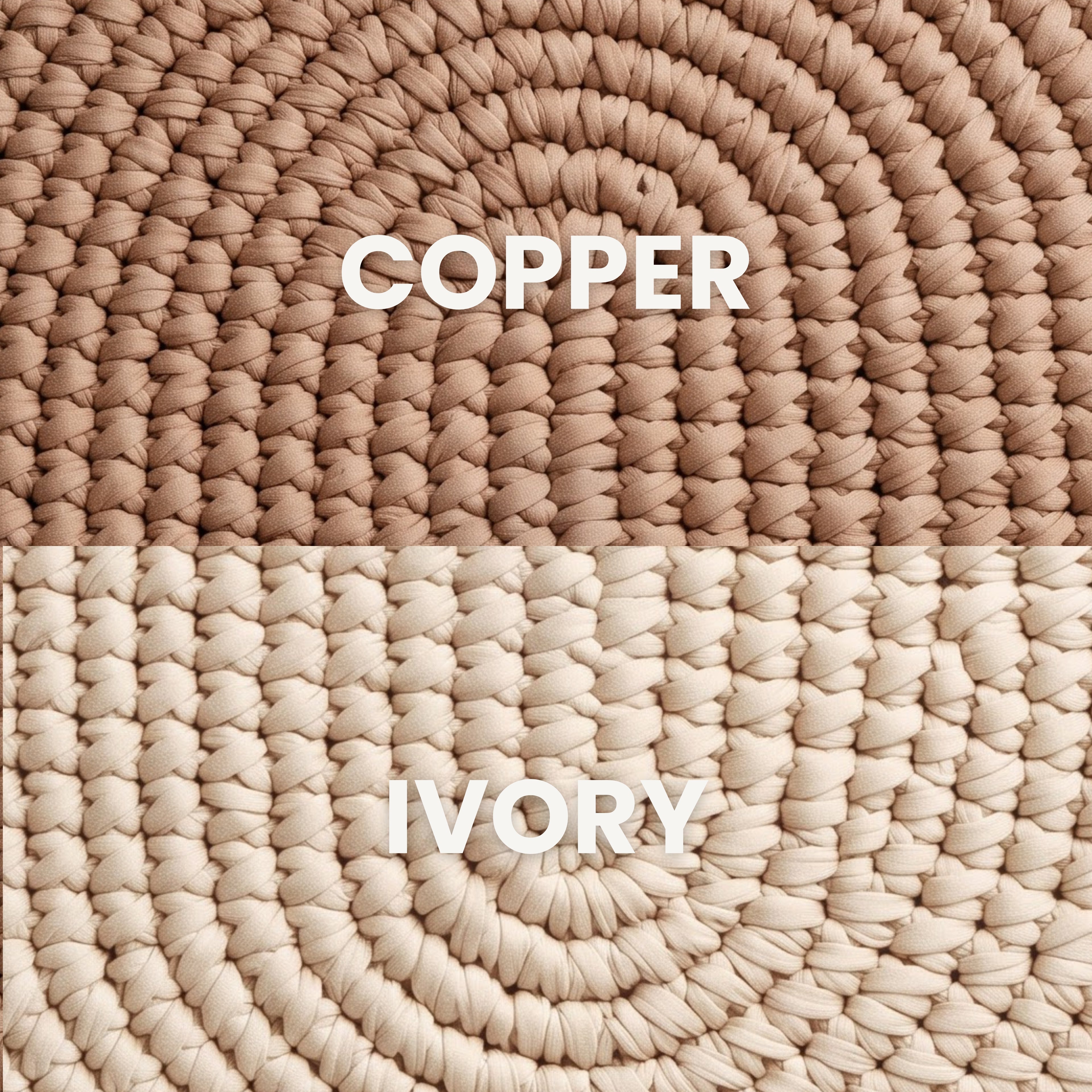 Two circular woven rugs shown in a split comparison, labeled 'COPPER' in tan/copper and 'IVORY' in cream/off-white, with the words overlaid in white text.