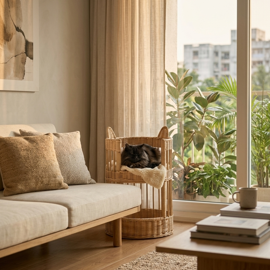 A cozy living room corner with a light beige sofa, textured pillows, a wooden coffee table, and a Kuching Tower containing a black cat, set in front of a large window with curtains and green plants outside.
