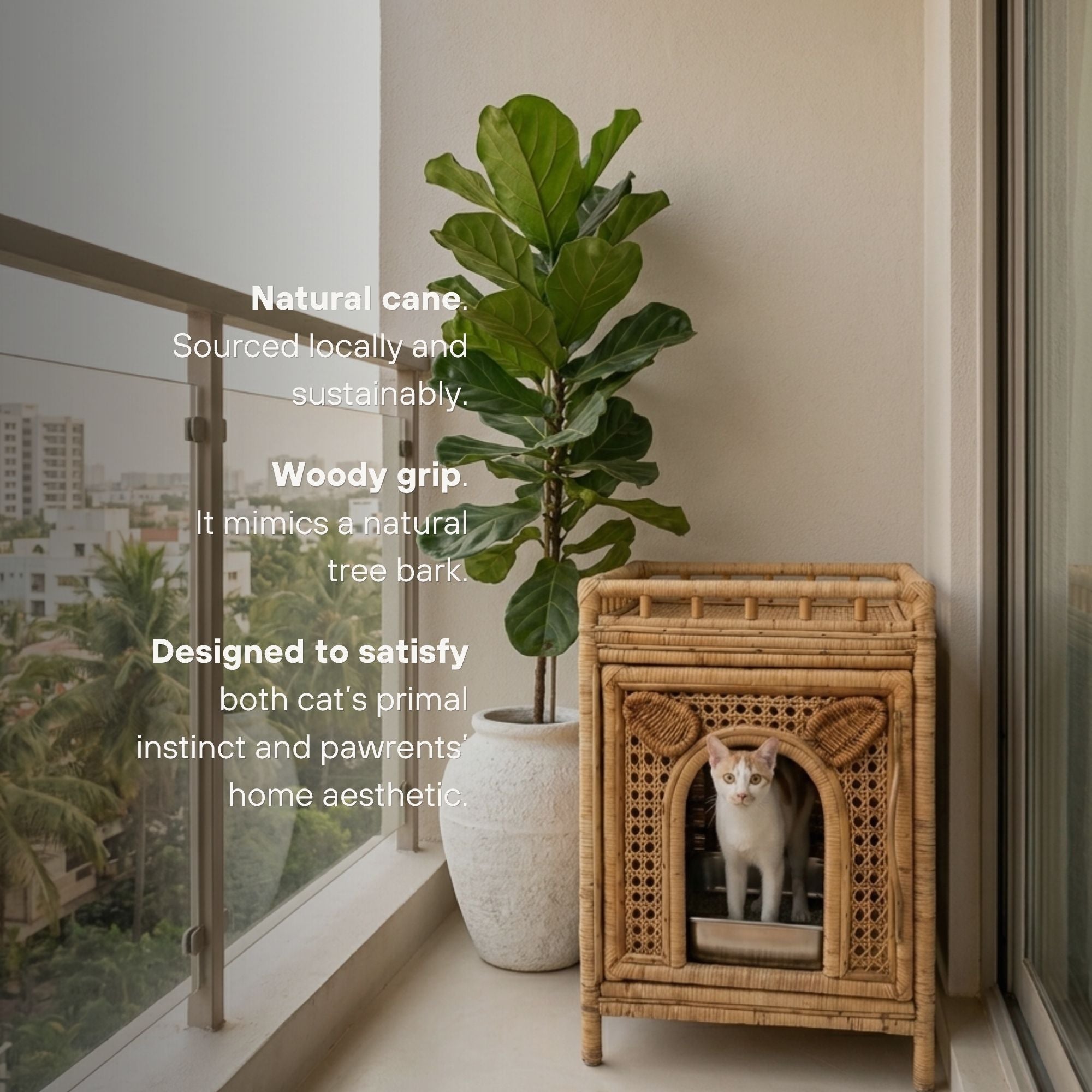 A natural rattan cat house with a white cat inside, placed on a windowsill next to a potted fiddle-leaf fig plant. White text on the left highlights the product's natural cane material, woody grip, and design for satisfying home aesthetics.