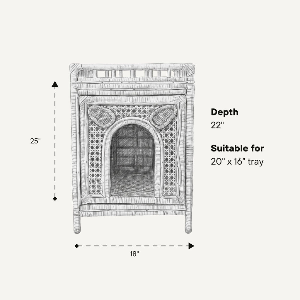 Black and white line drawing of a wicker storage cabinet with dimension markings showing a height of 25 inches, depth of 22 inches, and width of 18 inches, with text noting it is suitable for a 20 by 16 inch tray.