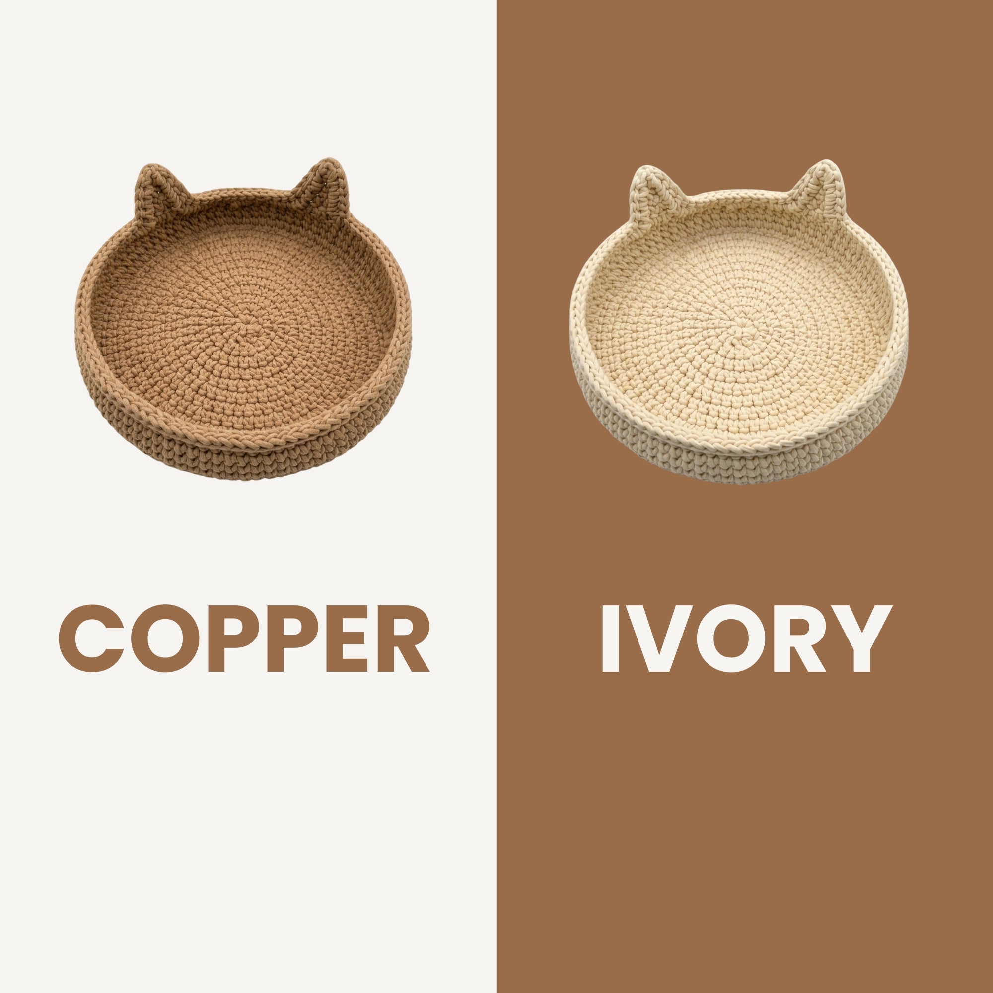 Two crocheted cat-ear tray baskets shown side by side on a split cream and brown background, labeled COPPER on the left and IVORY on the right.