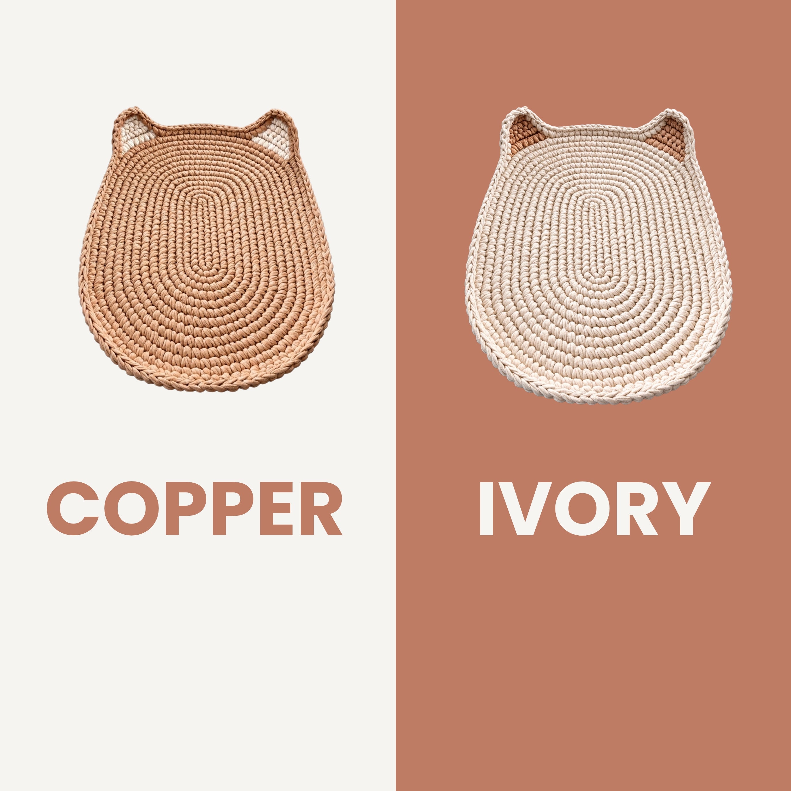 A split-color product graphic showing two woven cat-shaped mats. The left side has a warm copper-toned mat on an off-white background with the word 'COPPER' below.