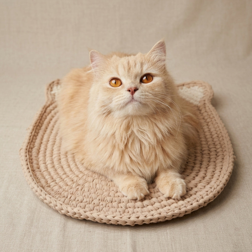 A fluffy cream-colored cat with orange eyes sits on a round beige woven mat against a neutral beige fabric background.