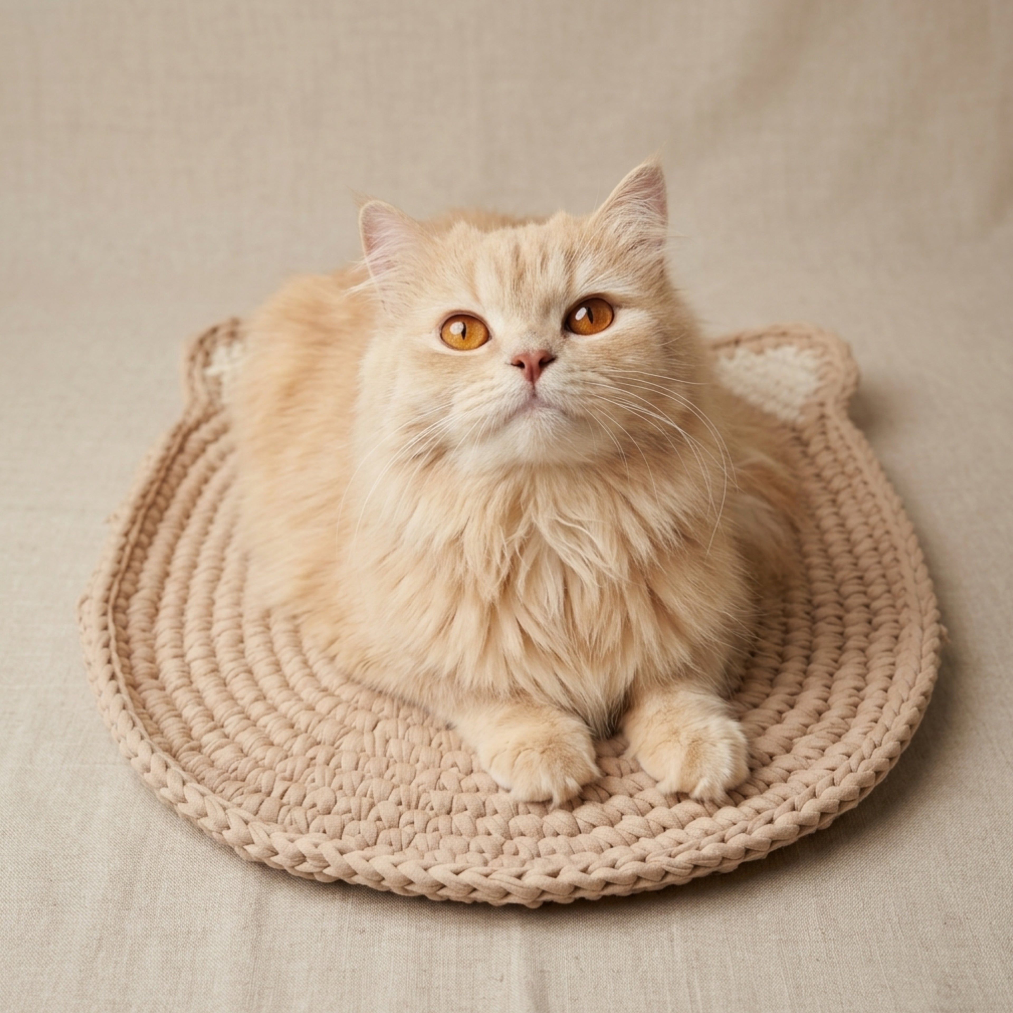A fluffy cream-colored cat with orange eyes sits on a round beige woven mat against a neutral beige fabric background.