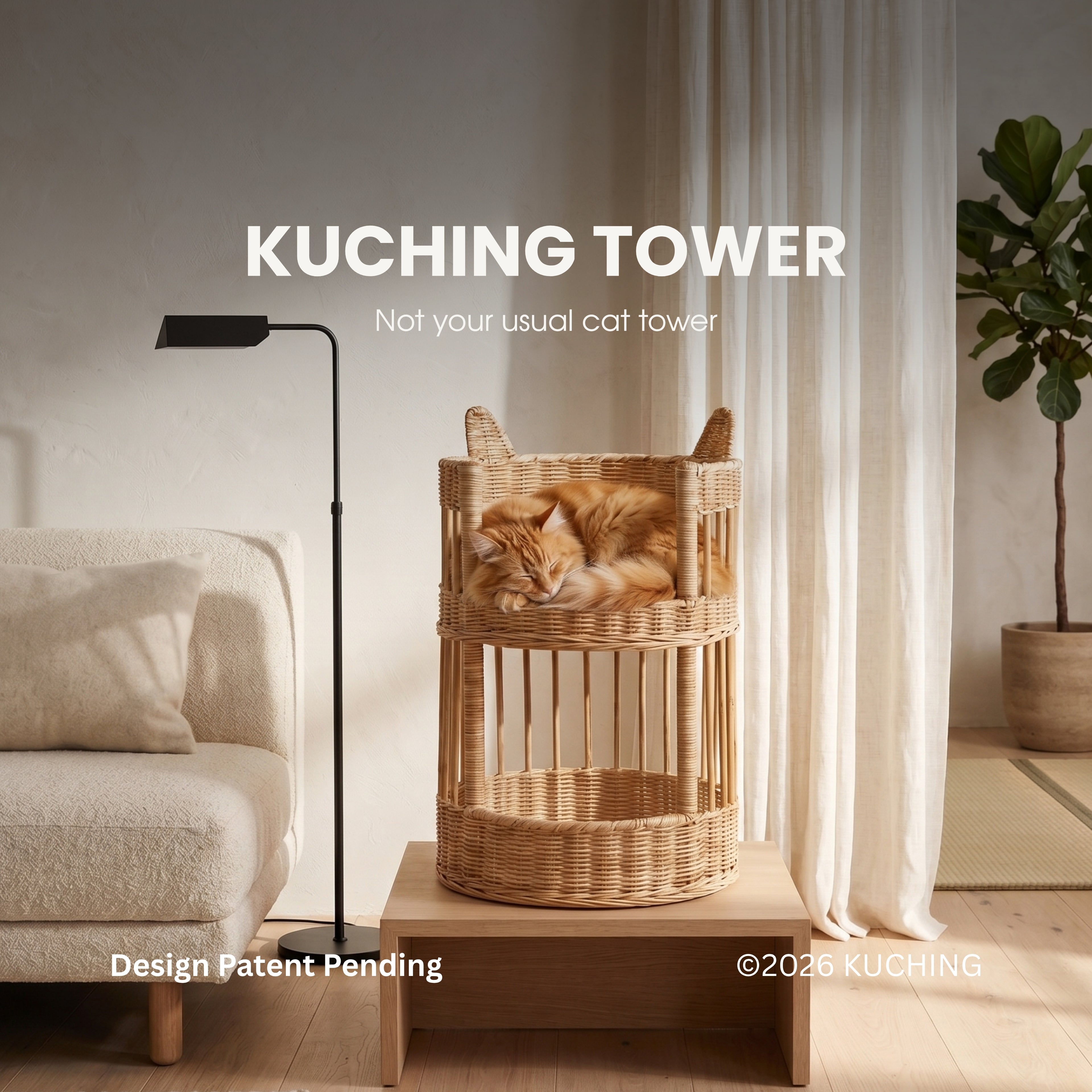 A two-tier wicker cat tower with cat ears on top, shown in a styled living room with a sleeping orange tabby cat inside. The product is displayed on a wooden table next to a sofa, floor lamp, and potted plant, with text overlays reading 'KUCHING TOWER' and 'Not your usual cat tower'.