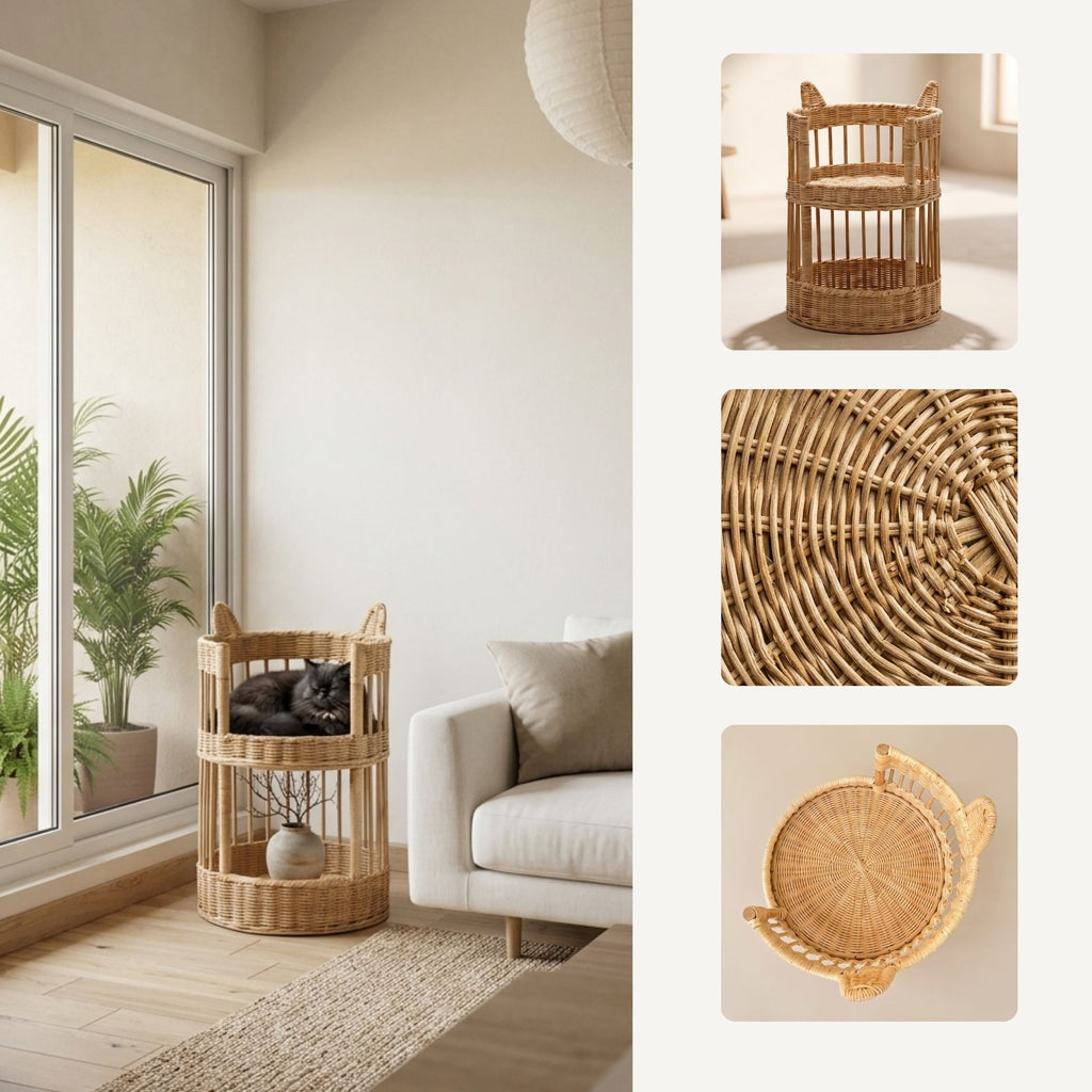 A natural woven rattan pet basket shown in a styled room scene with a cat resting inside, plus three inset detail views on the right showing the weave texture, side profile, and top-down view.