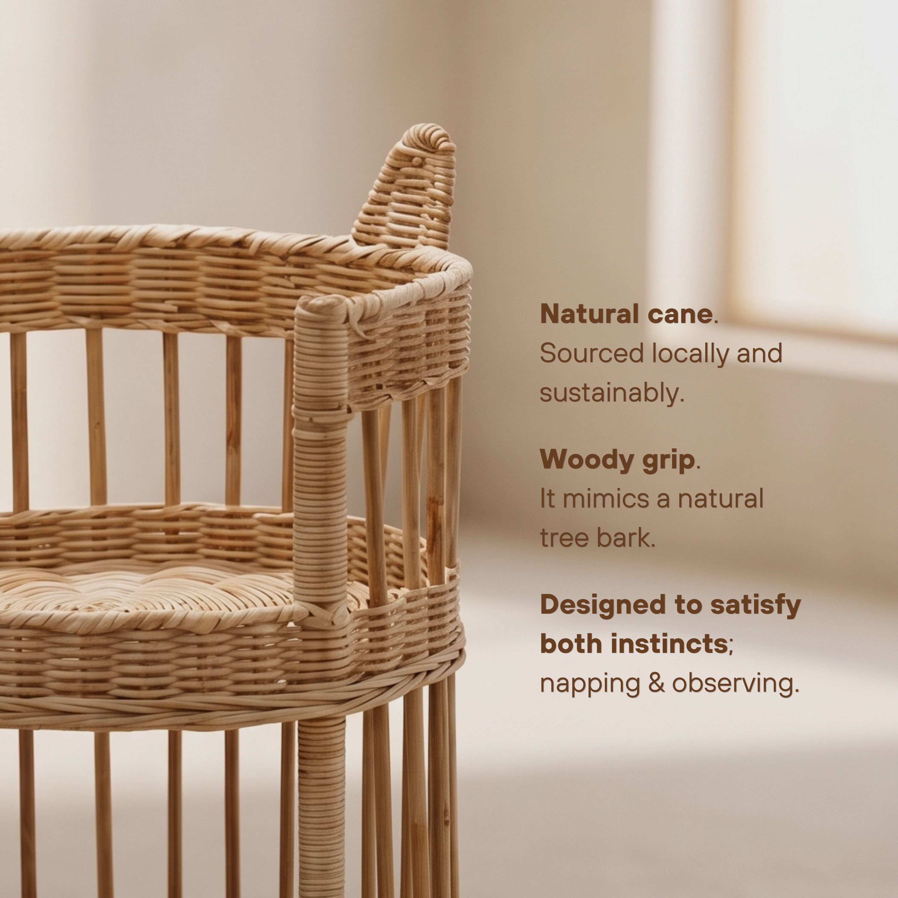 Close-up of a woven rattan chair or crib corner with vertical slats and a wrapped arm post, shown against a soft beige background with descriptive text on the right.