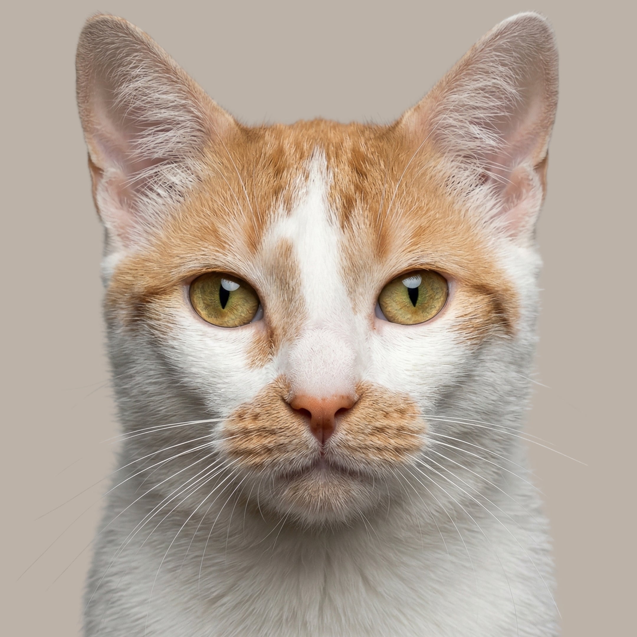 A close-up portrait of a white and orange tabby cat with green eyes, looking directly at the camera against a solid beige background.