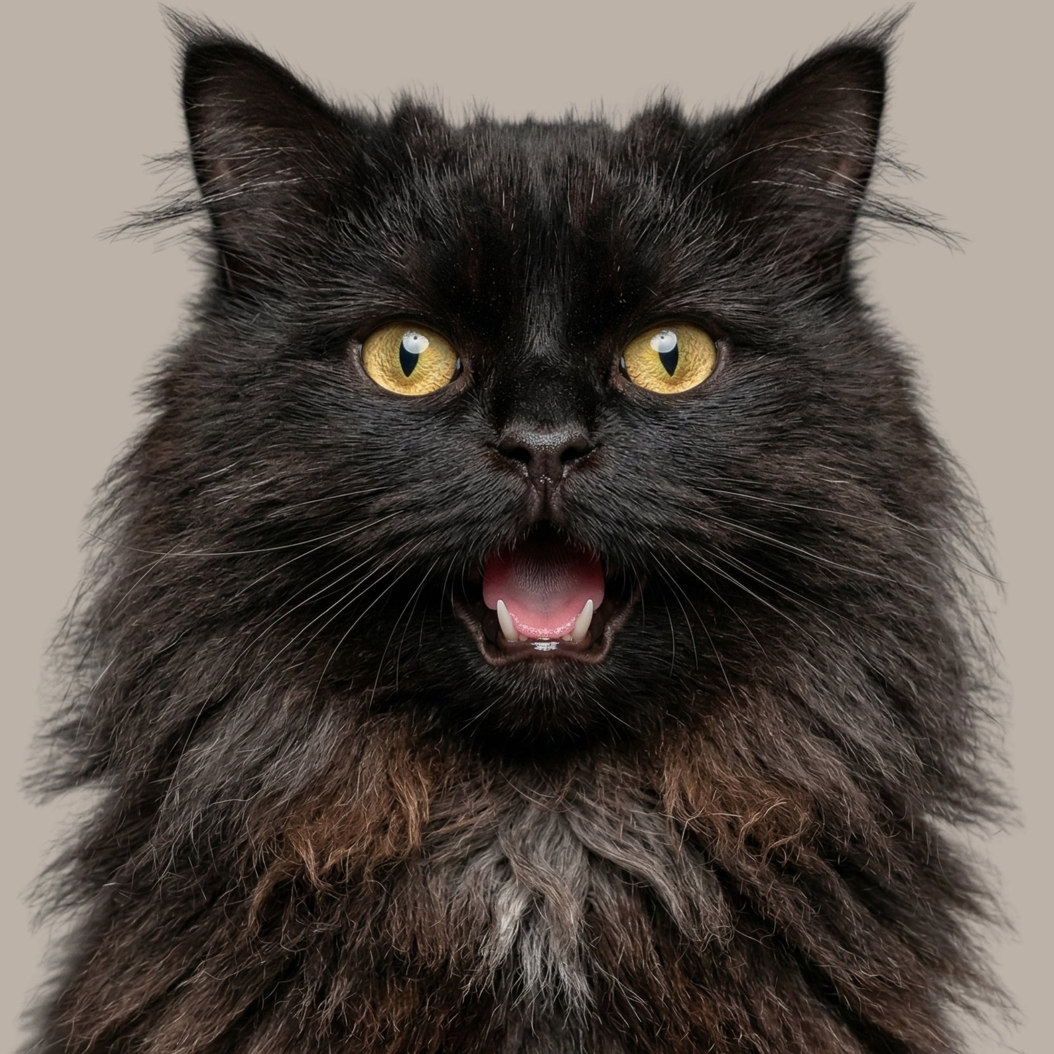 A fluffy long-haired black cat with bright yellow eyes and its mouth open, shown in a close-up portrait against a plain warm gray background.