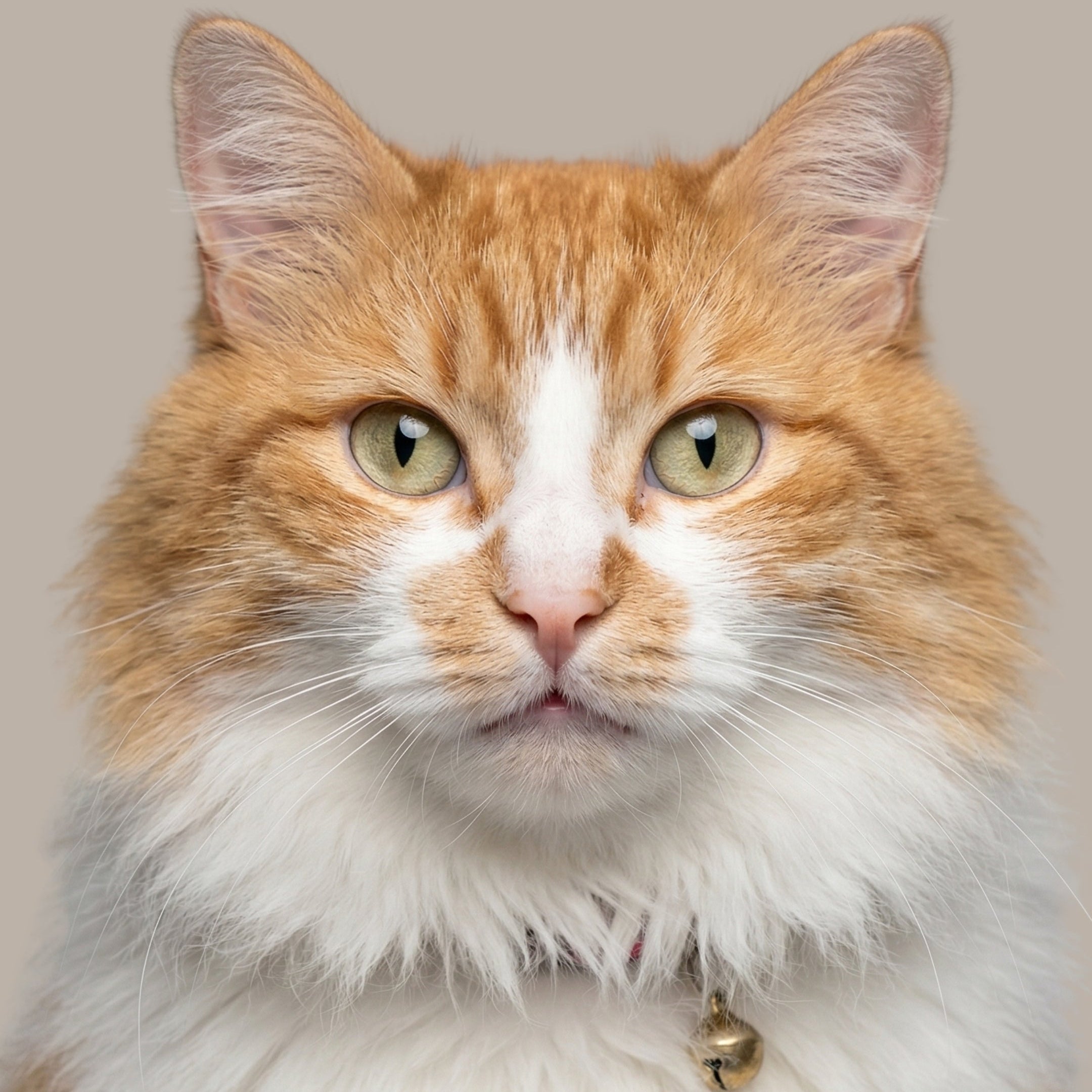 A close-up portrait of a fluffy orange and white cat wearing a collar with a small gold bell, set against a plain beige background.