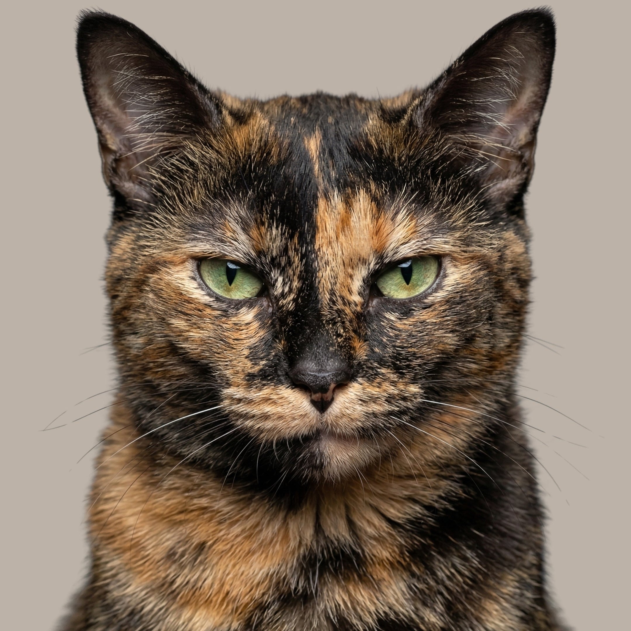 A close-up portrait of a tortoiseshell cat with green eyes, looking directly at the camera against a solid taupe background.