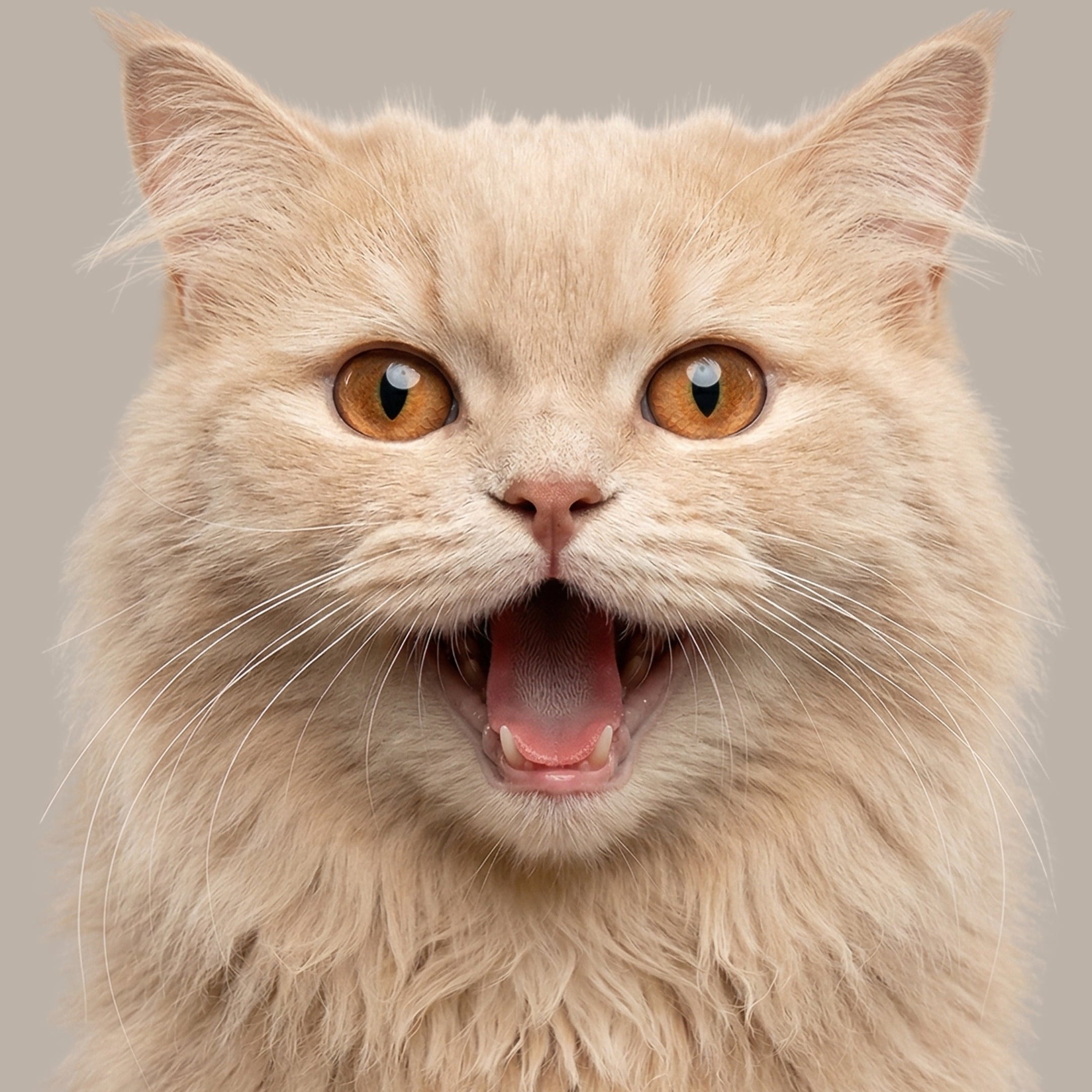 A close-up portrait of a fluffy cream-colored cat with orange eyes and its mouth open, set against a solid gray studio background.